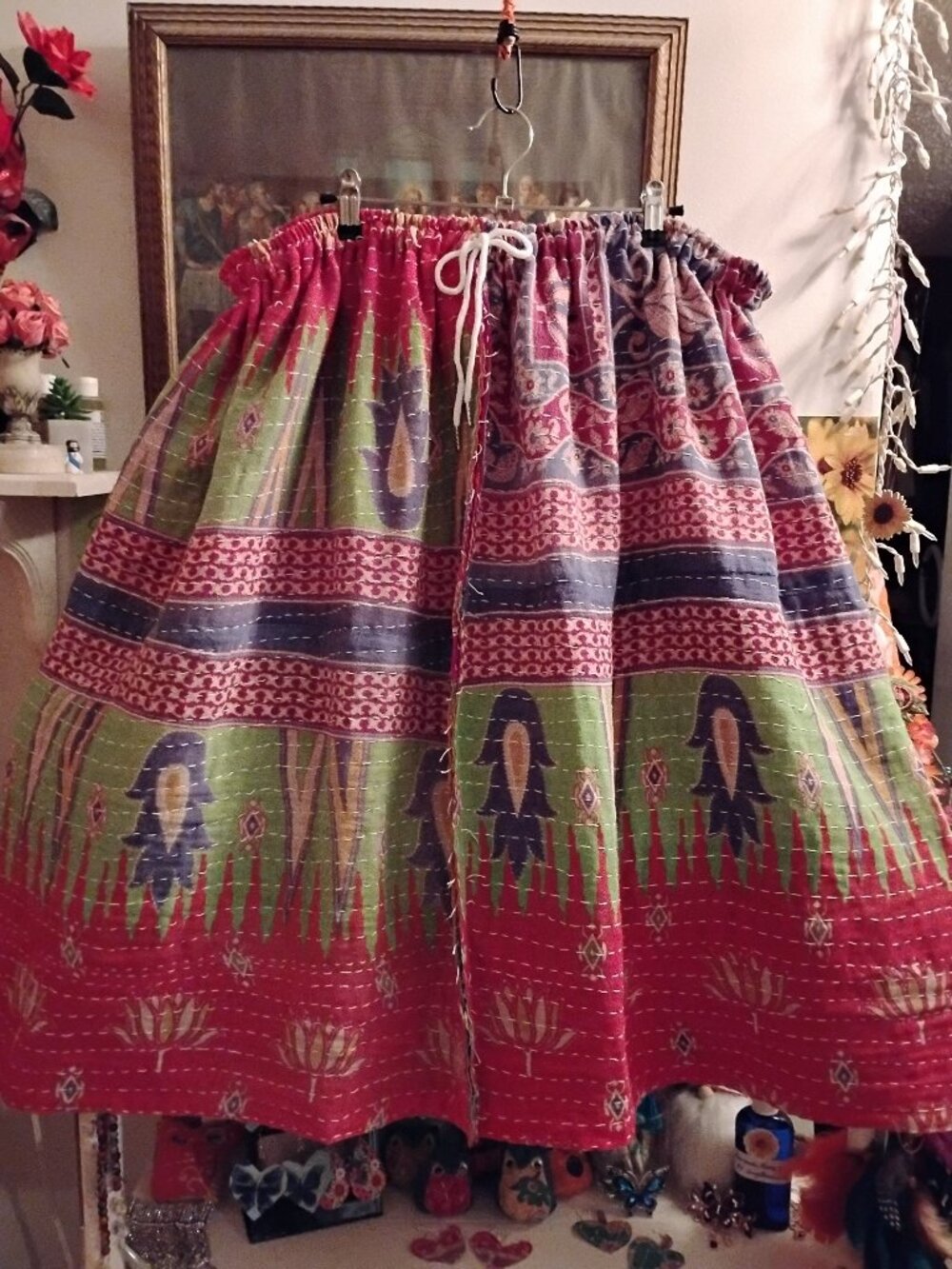 Kantha Skirt L-2X Green Blue-Gray Raspberry Reversible Cotton Handmade KSK1.